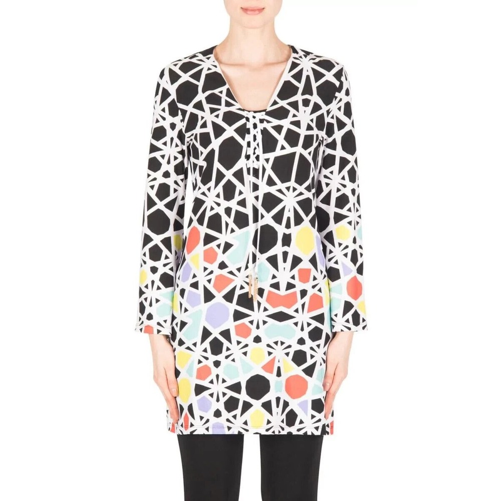 Joseph Ribkoff Geometric Tunic Top Lace Up Colorful Size 6 Mod Art to Wear